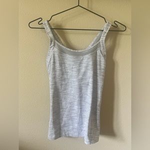 Lululemon crossback tank, fitting on top, loose and flowy at bottom